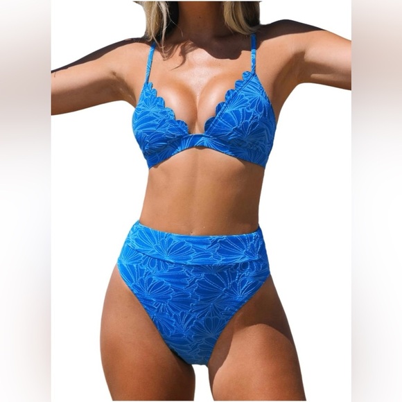 Cupshe jacquard Blue Floral high waisted Bikini Set Sz L nwt, 016 - Picture 1 of 7